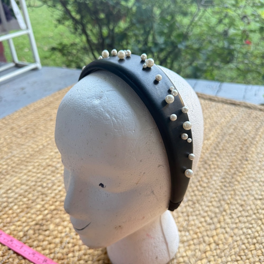 Black Faux Leather Padded Headband with Faux Pearl Embellishments Wide Band